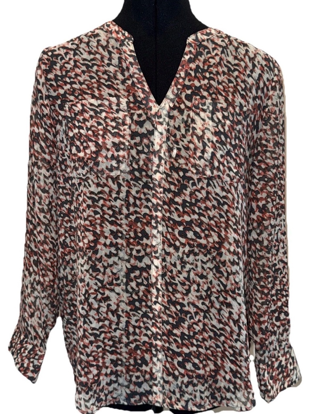 Loft Women's Long Sleeve Multicolor V-Neck Blouse, Two Pockets, Small Petite